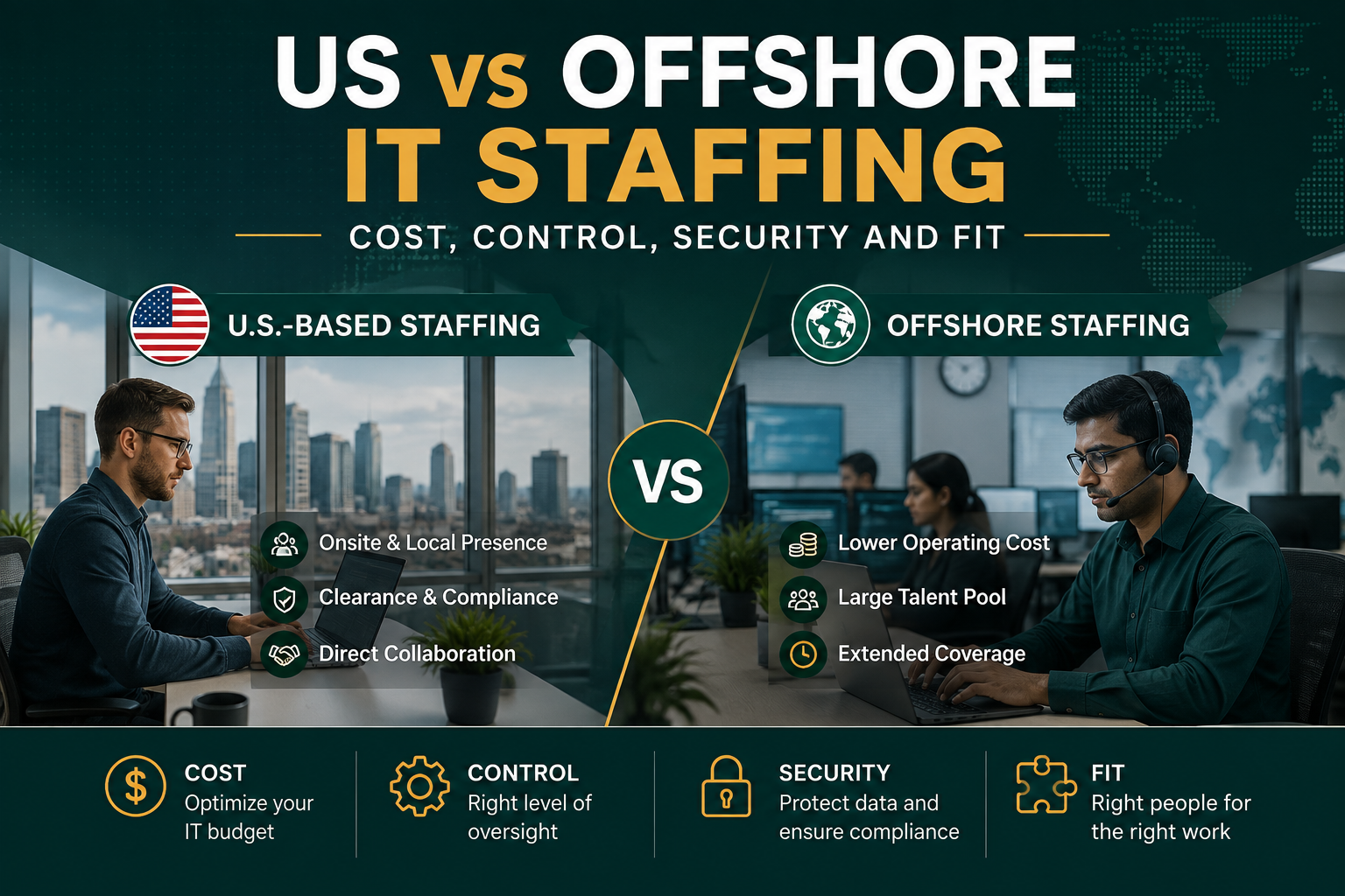 US vs offshore IT staffing comparison showing U.S.-based and offshore IT talent models
