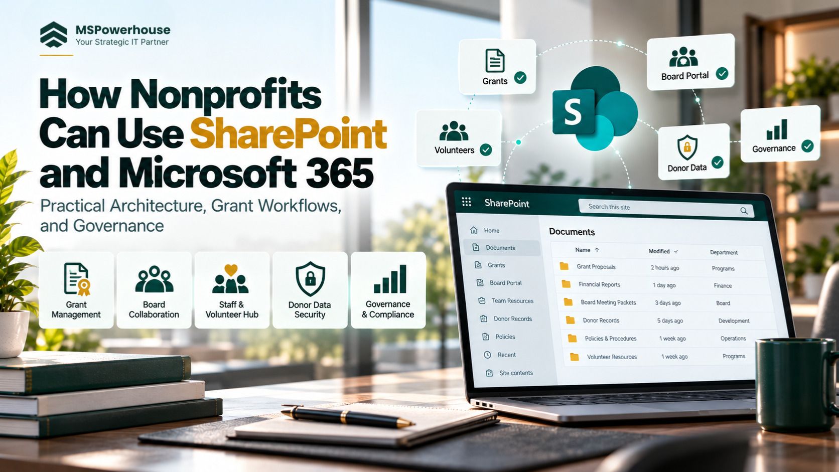 Nonprofit leadership team collaborating on Microsoft 365 and SharePoint grant management dashboards.