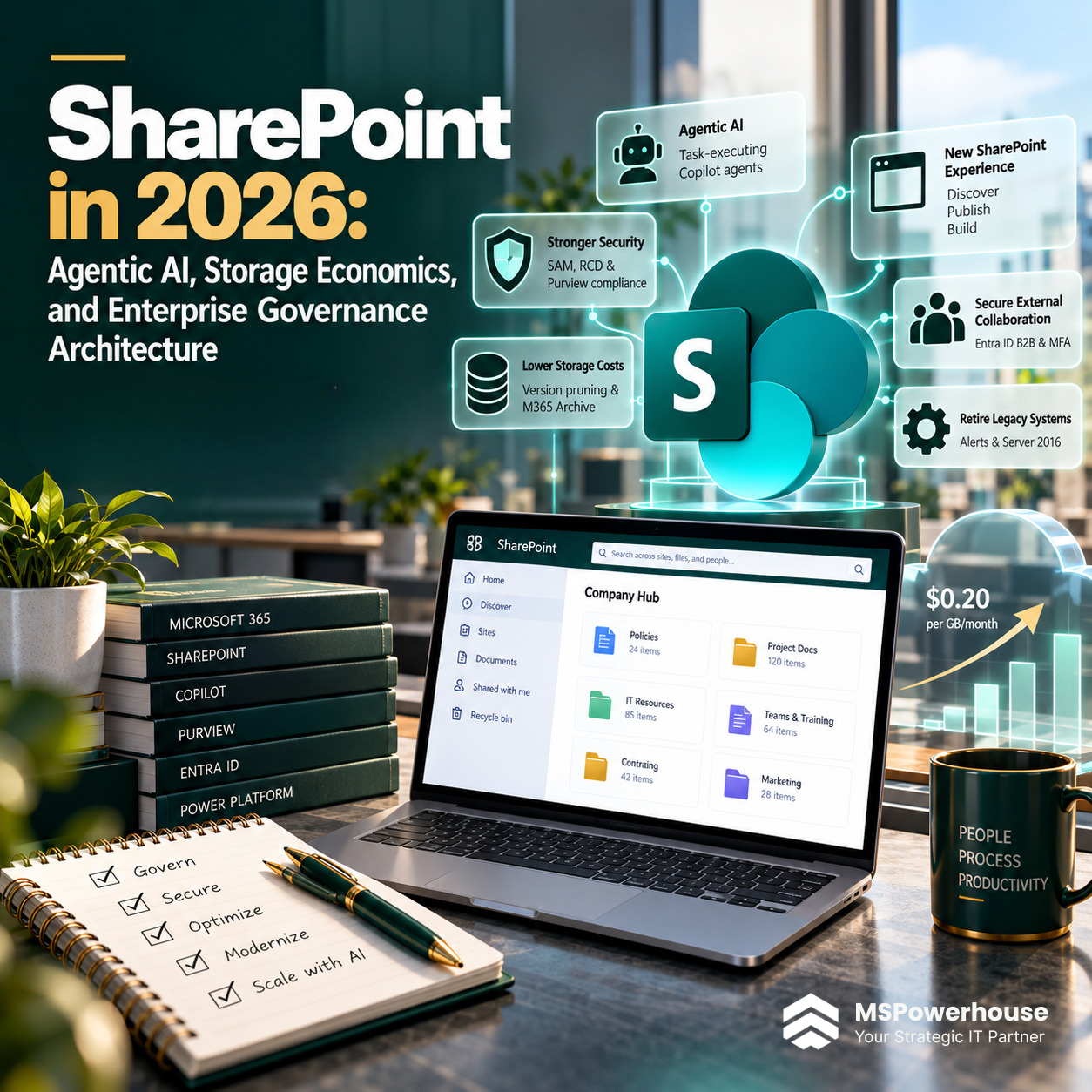 Enterprise systems engineer analyzing modern SharePoint Online 2026 architecture, Agentic AI grounding, and cloud storage analytics.