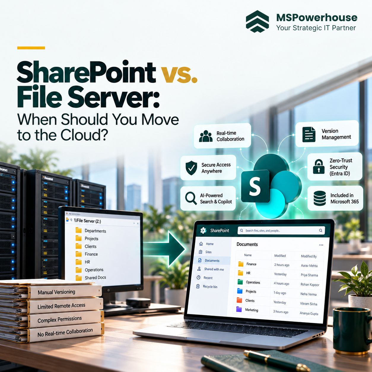 Enterprise infrastructure diagram illustrating the migration from an on-premises Windows file server to SharePoint Online and Microsoft 365.