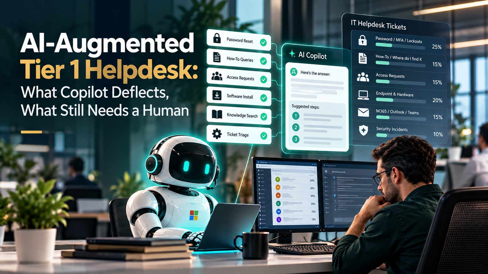 : IT systems engineer utilizing AI-augmented helpdesk telemetry and Copilot diagnostic tools to resolve enterprise support tickets.