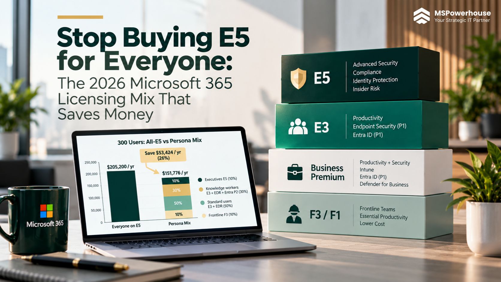 Microsoft 365 enterprise licensing comparison dashboard illustrating cost savings between E3, E5, and persona-based tiers.